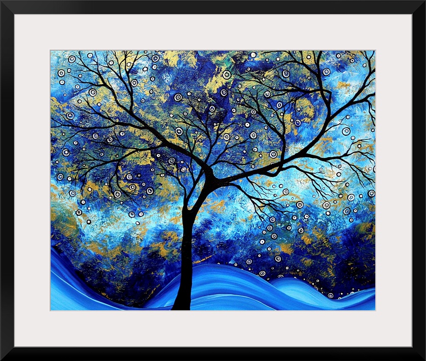 Contemporary abstract painting of tree silhouette with tie-dye background.  There are also small circles scattered through...