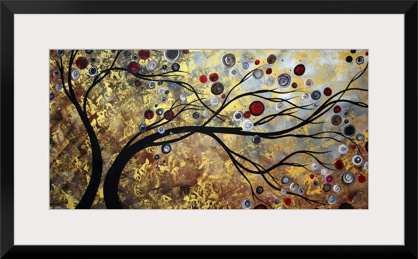 Abstract artwork featuring two trees swaying surrounded by ciruclar and other ornate designs. Mixture of vibrant and neutr...