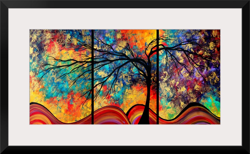 An abstract tree in front of a surreal, other worldly sky in this horizontal art work perfect for a triptych.