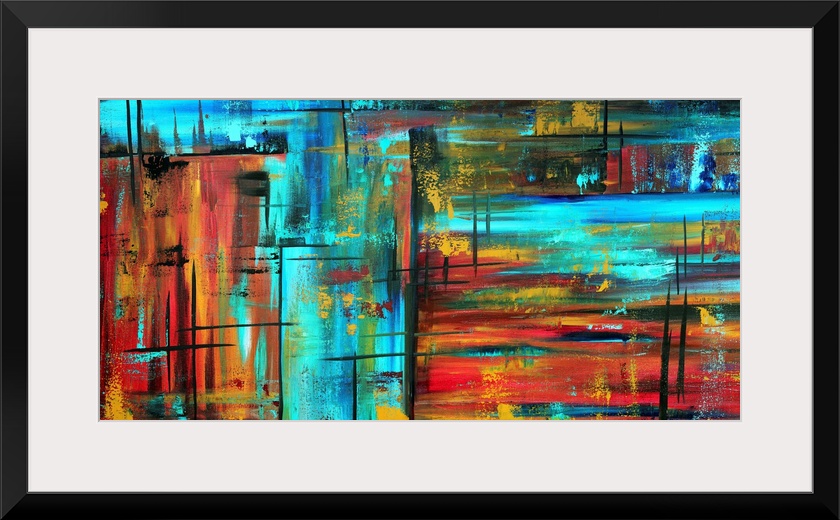 This is a horizontal contemporary painting of neon colors and dark streaks creating a wild and abstract composition.