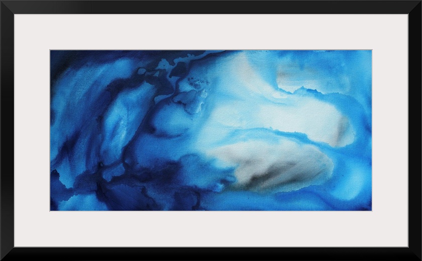 Large monochromatic abstract art composed of cool tones has a fluid motion as the colors begin to blend together.  Artist ...