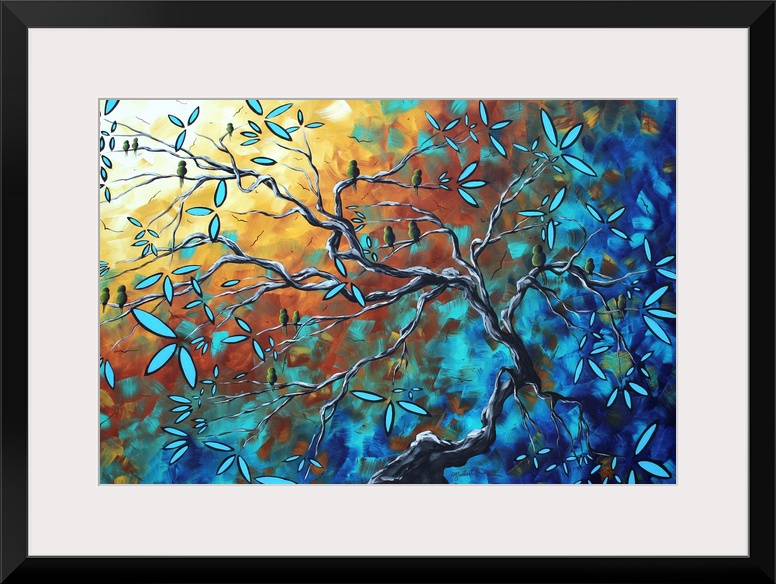 Abstract painting of a tree with blooming flowers on it's branches against a background splashed with different colors.