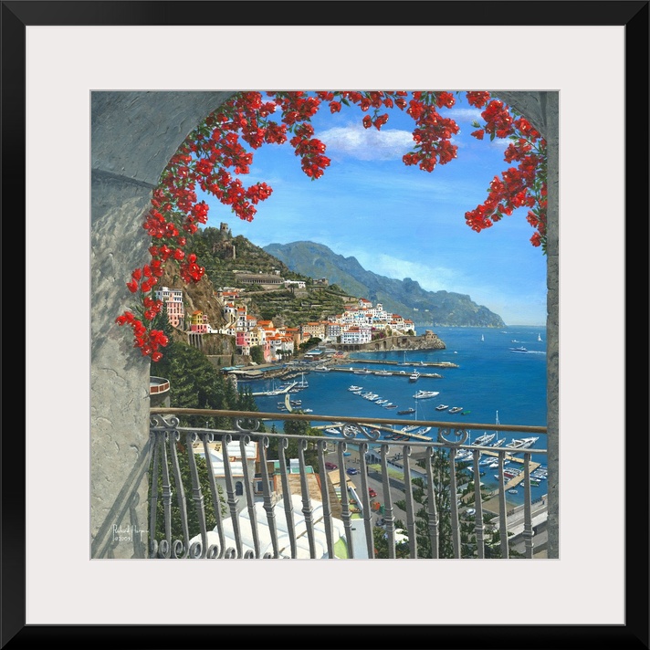 Contemporary painting of a view of a European harbor from a floral adorned balcony.