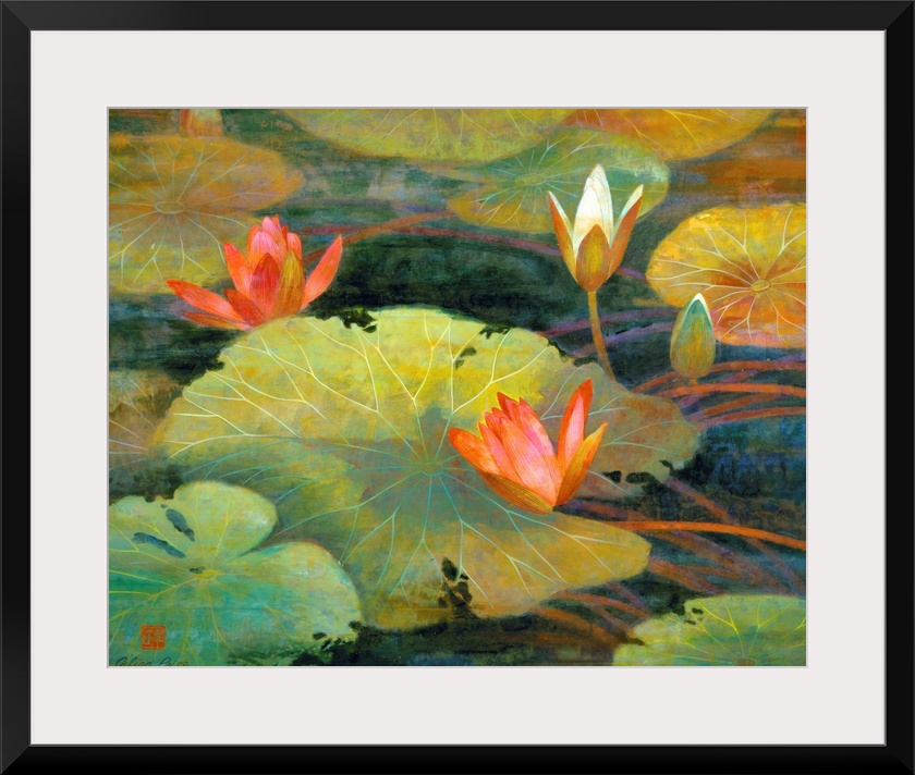 This is a horizontal, contemporary painting full of detail of lily pads and lotus blossoms floating in a murky pond.