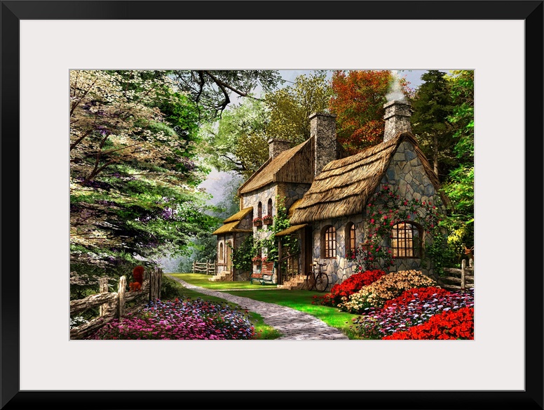 Decorative art for the home or cabin this cozy painting of a thatched roof home in the forest surrounded by blooming flowers.
