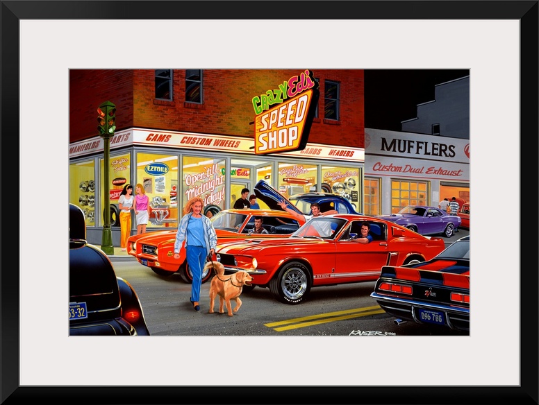 A contemporary painting of a woman and her dog crossing a Mustang, GTO, Z-28 Camaro and a Ford Hot Rod in the street  in f...