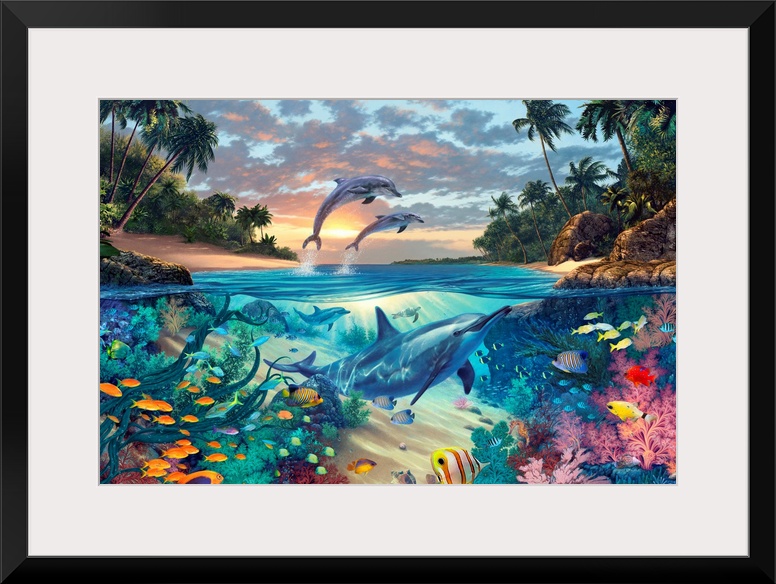 Big fantasy painting on canvas of dolphins swimming underneath the water with other fish and two dolphins jumping out of t...