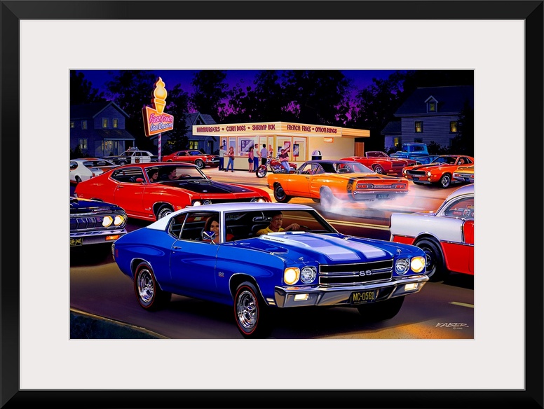 Big automotive art portrays a group of people enjoying the treats from a local snack shack.  Filling the parking lot and s...
