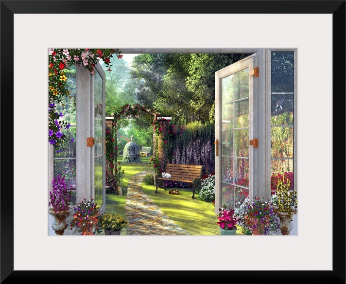 A doorway view of a country garden with two cats.