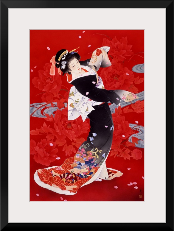 Contemporary colorful Asian art of a Geisha in beautiful ornate clothing.