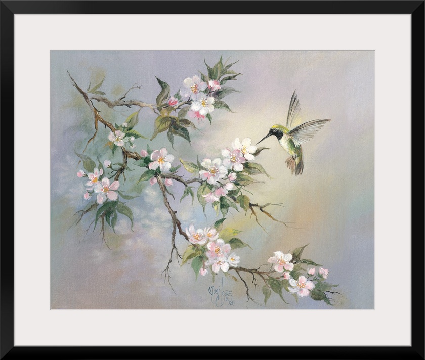 Contemporary whimsical artwork of a hummingbird at a flowering branch.