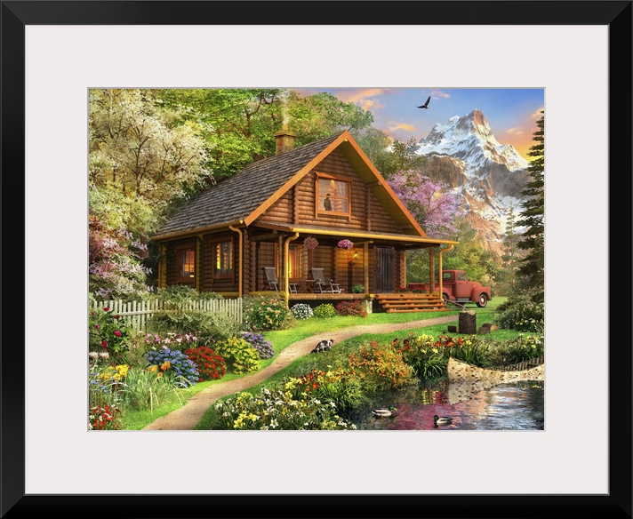 Illustration of a log Cabin somewhere in North America.