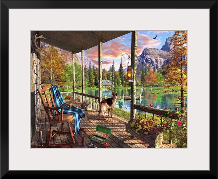 Illustration of a view of the lake and mountains from a cabin veranda.