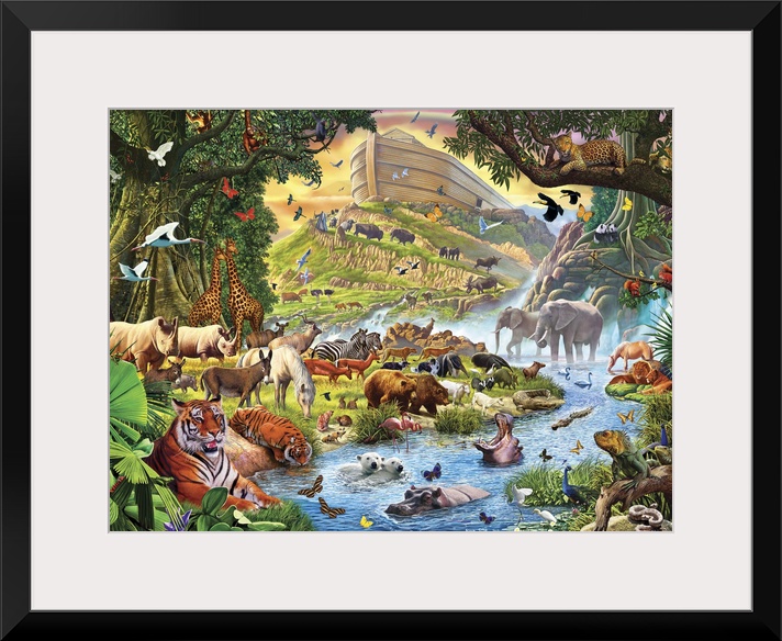 Colorful artwork of Noah's Ark in a lush green landscape with thousands of animals all around.