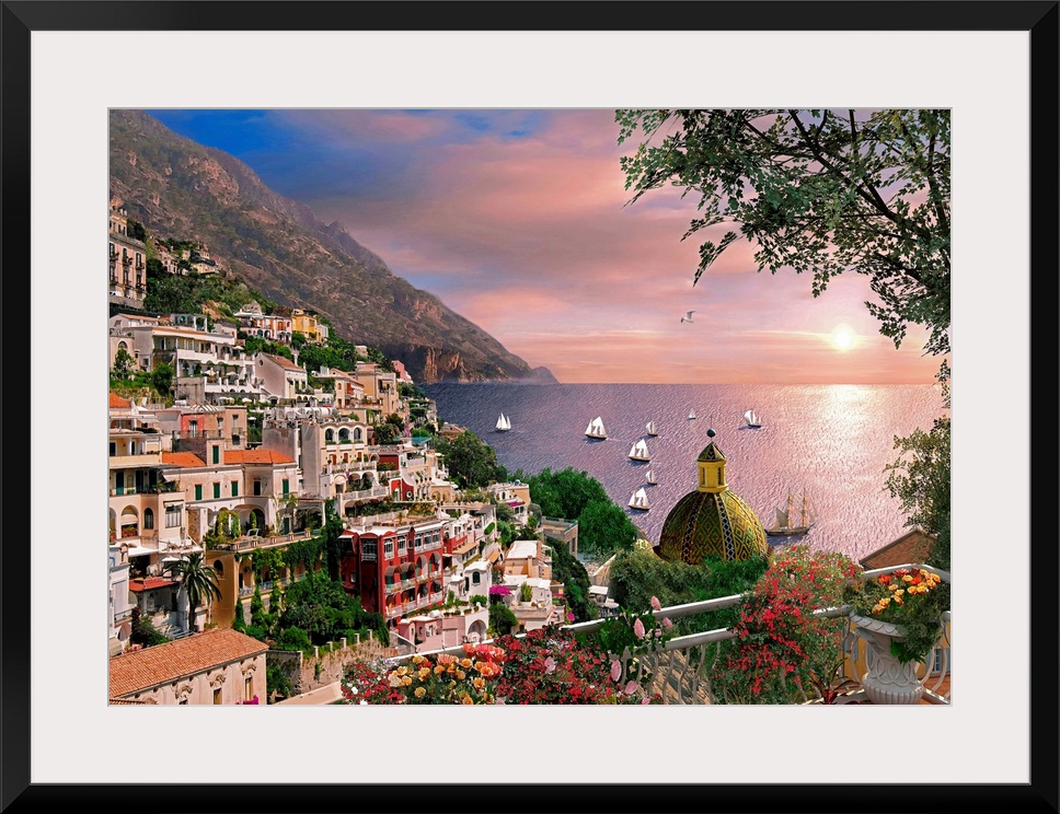 Photograph of village commune off the Amalfi Coast in Campania, Italy overlooking an ocean sunset, with boats sailing in t...