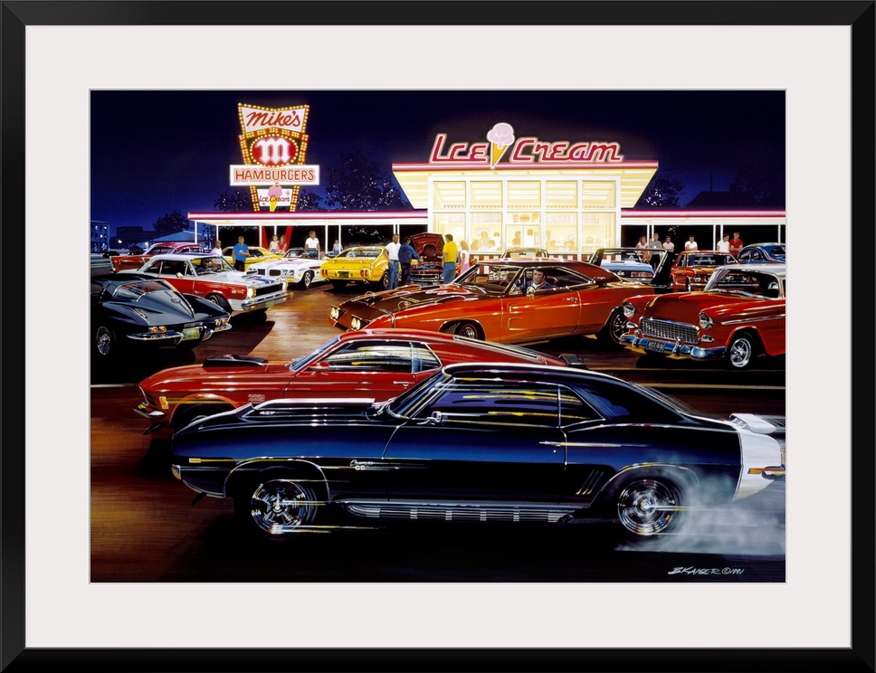 This decorative art is a painting of vintage muscle cars racing and parked outside a retro drive-in restaurant.