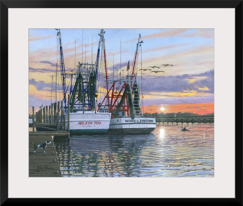 Contemporary artwork of two fishing oats sitting in a harbor at sunset.