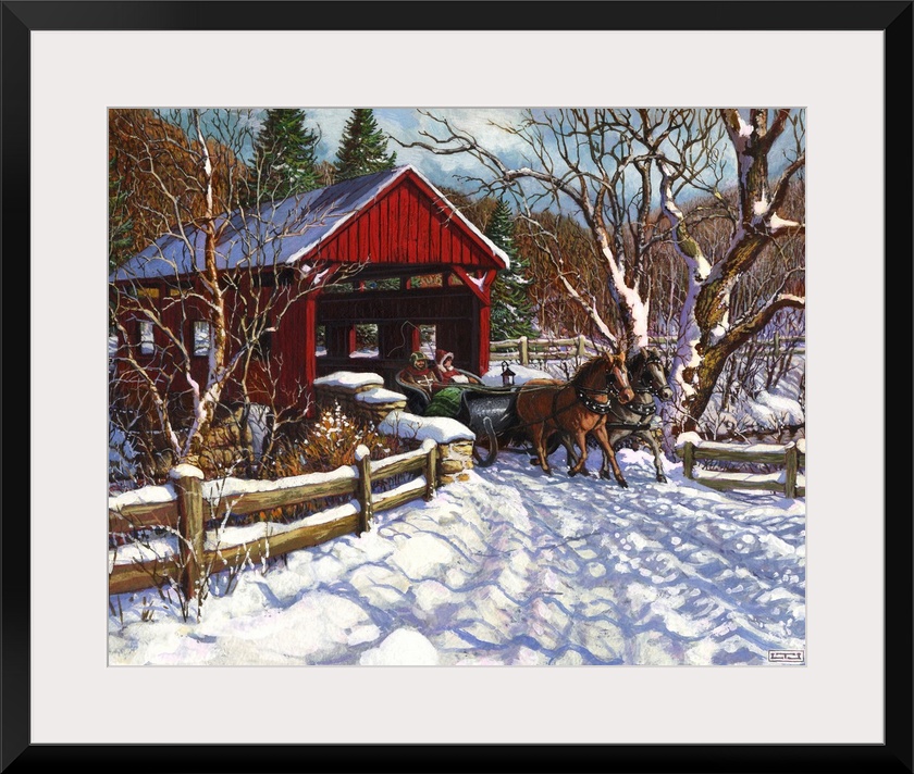 A New England winter sleigh scene with covered bridge.