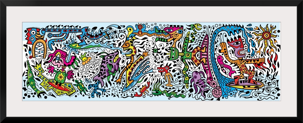 Contemporary mural artwork of monsters and other abstract figures in a confusion of colors and patterns.