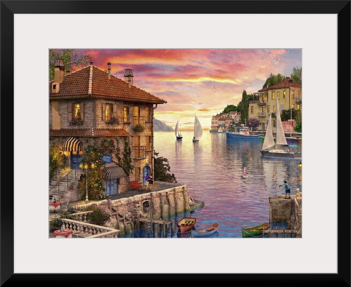 Illustration of a small Mediterranean harbor at sunset.