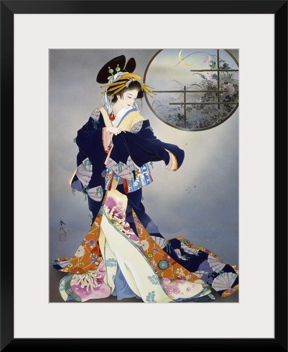 Contemporary colorful Asian art of a Geisha in beautiful ornate clothing.