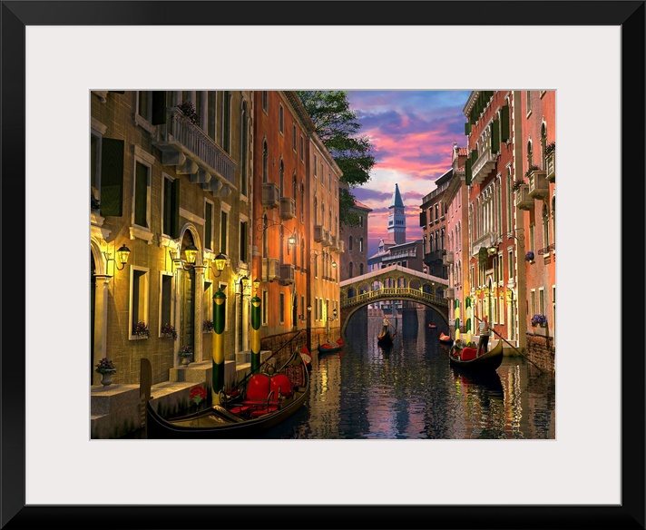 A photograph of a quiet, historic canal filled with gondolas maneuvering in the twilight on this oversized wall art picture.