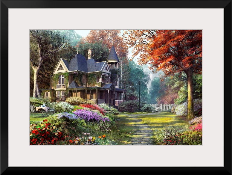 Painting on canvas of a big house with a beautiful garden surrounding it.