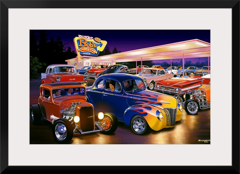 A painting of classic American muscle cars like 1932 Ford Coupe, 1940 Ford Coupe, 1956 Chevy, 1965 Pontiac GTO, and 1960 C...