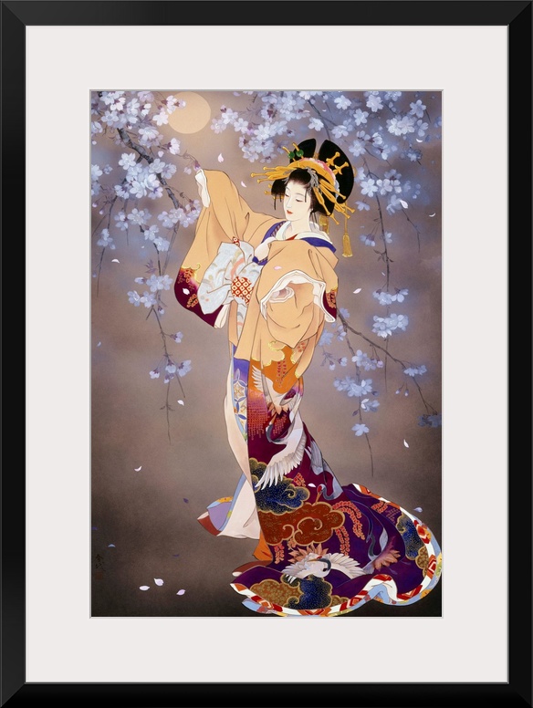 Contemporary colorful Asian art of a Geisha in beautiful ornate clothing.