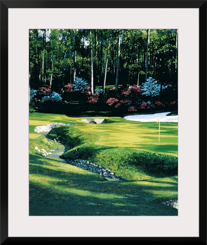 Lifelike painting of stream crossing through a golf course, past the flag towards the forested edge and a tiny stone bridge.