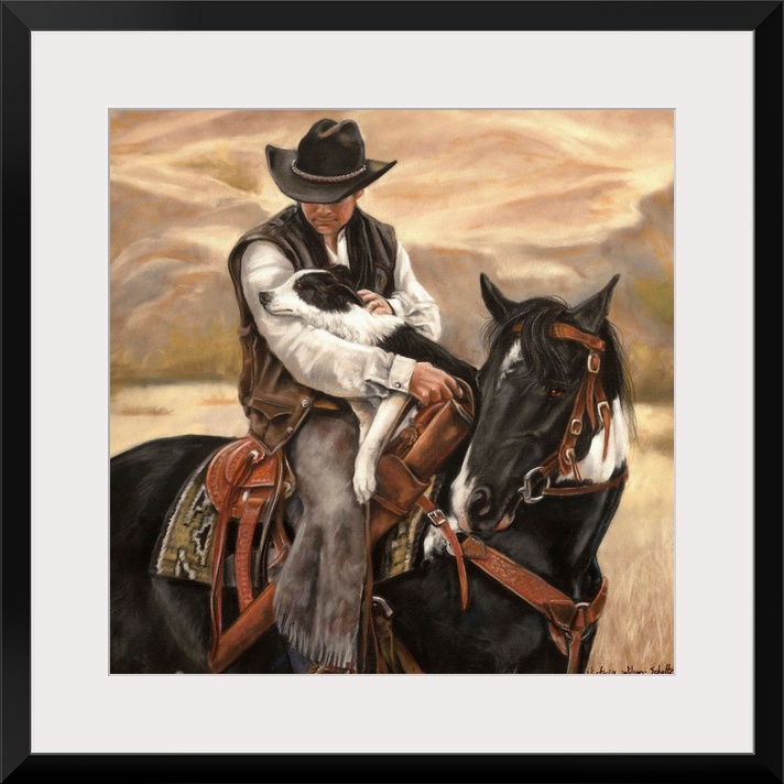 Contemporary artwork of a cowboy on horseback holding a border collie dog in his arms.