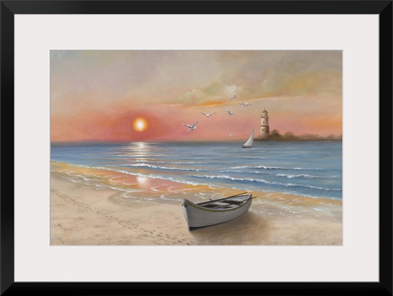 Contemporary painting of a lone boat at the edge of the sea at sunset, with a lighthouse in the distance.