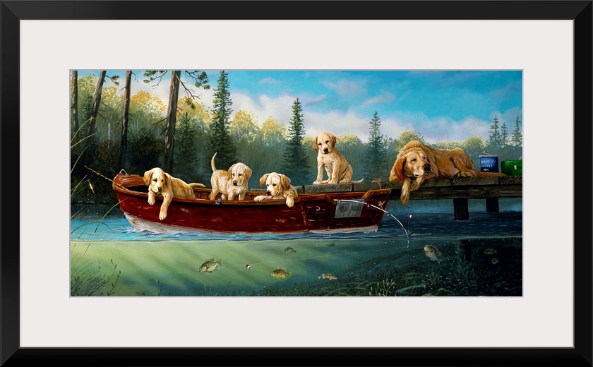 Horizontal artwork on a big wall hanging of a mother dog lying at the edge of a dock, one of her puppies sits next to her,...