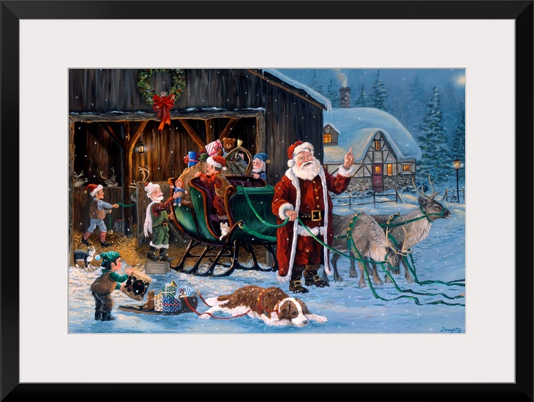 Large, horizontal wall picture of Santa Claus standing in front of his sleigh while elves load it with gifts and remove th...
