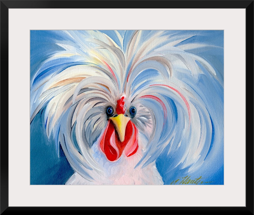 A humorous painting of a rooster with the feathers on top of his sprouting up and out so as to give him a crazy hair style.