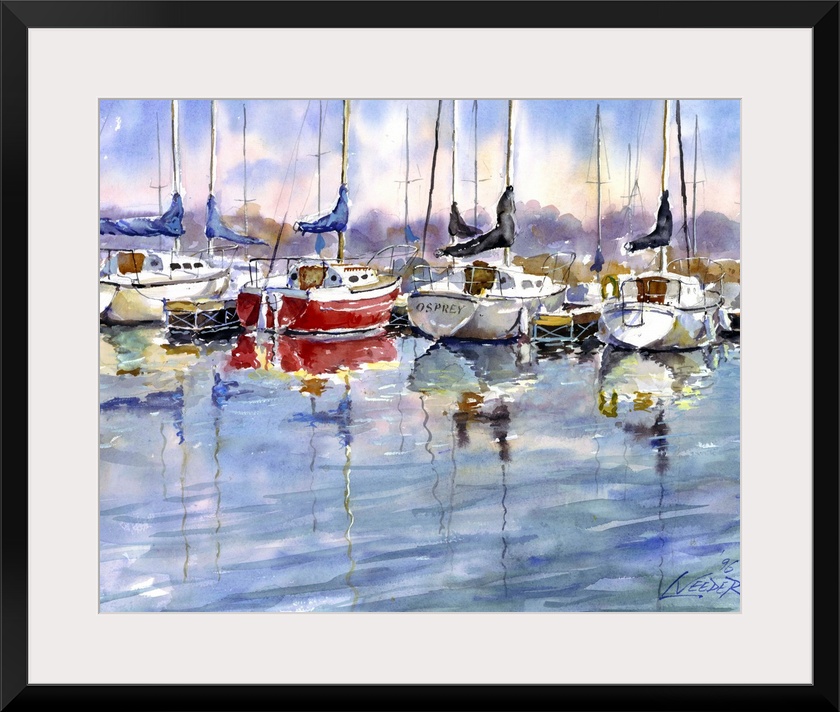 Contemporary piece using water colors to paint sail boats that sit docked at the marina.