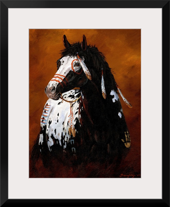 Large painting of a horse decorated with Native American war paint, feathers and handprints.