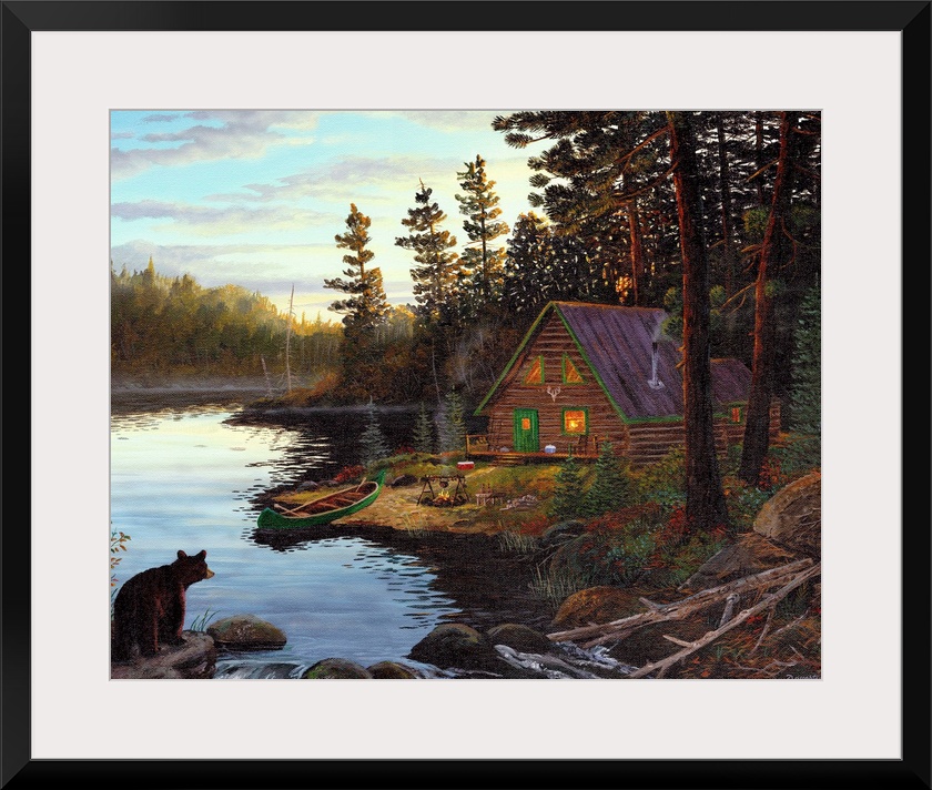 Photograph of cabin in the woods by lake with canoe under a cloudy sky.  There is a bear on the opposite shore looking at ...