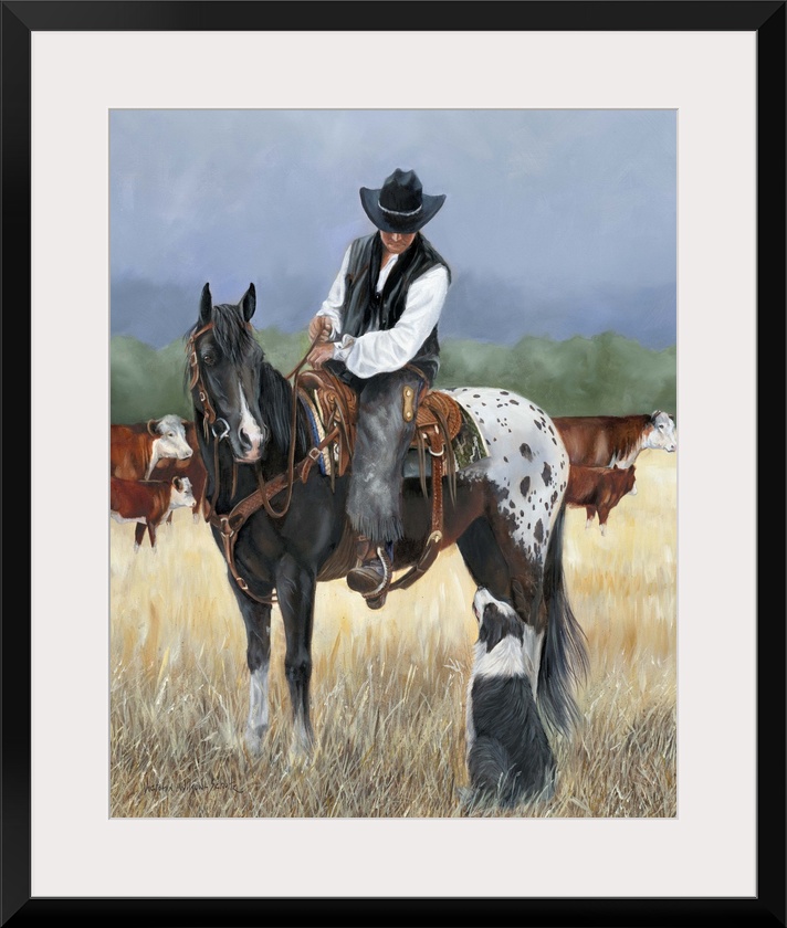 Contemporary painting of a cowboy on horseback looking at a border collie dog.