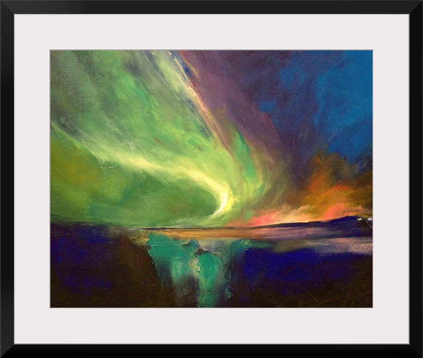 A landscape wall hanging of the Northern Lights sweeping across the night sky and reflecting in the water below.