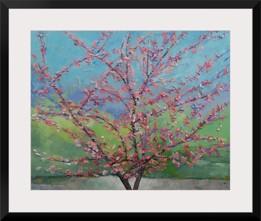 Big floral painting that showcases a close-up of a Eastern Redbud Tree with rough texture.