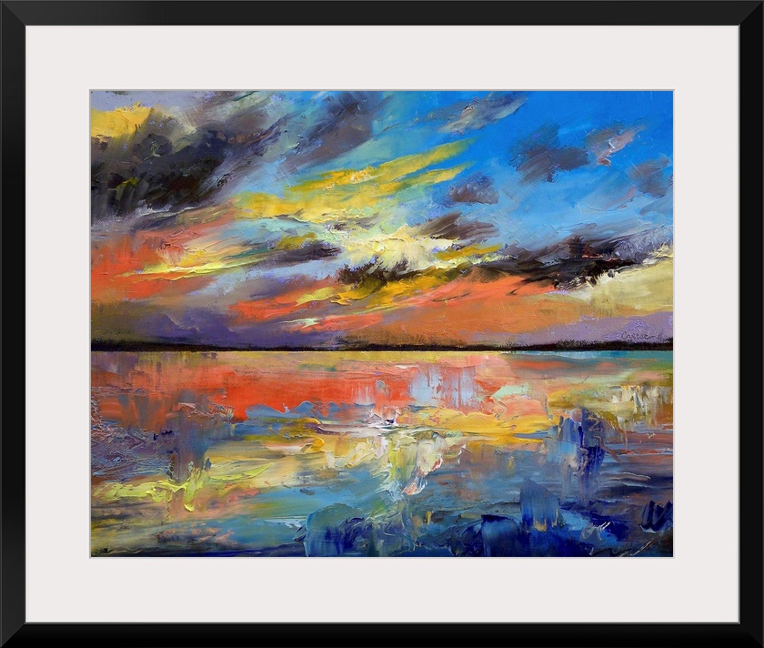 A large wall painting that illustrates a colorful sunset in Key West, Florida.  The texture of this art helps give added d...