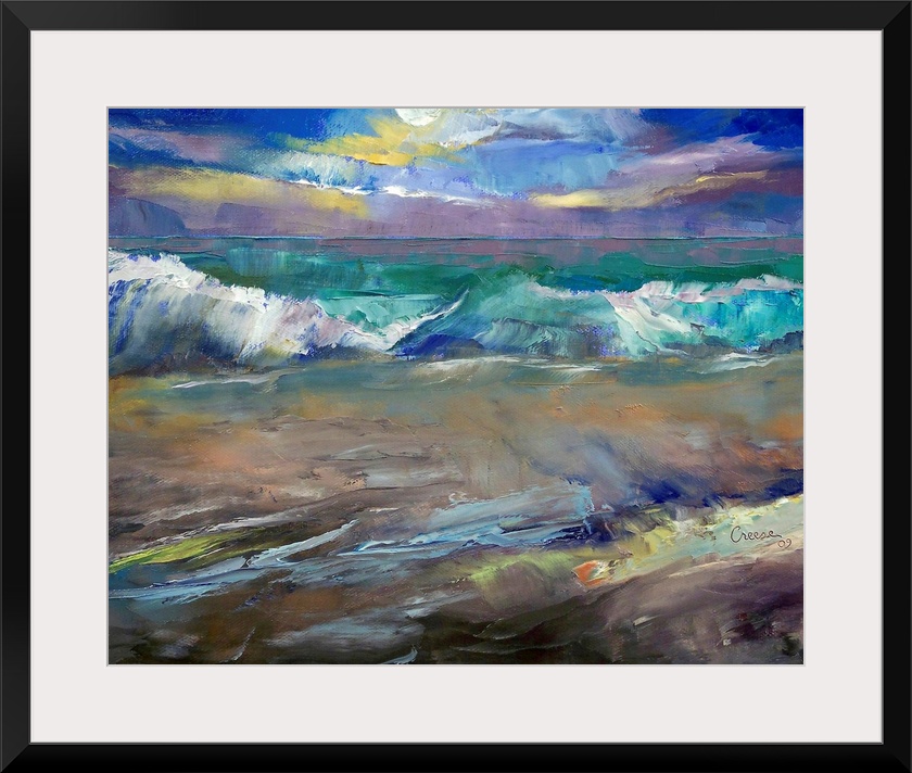 Gicloe print on canvas of a dramatic seascape under the moon of waves on a beach painted using a palette knife.