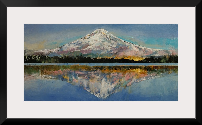 A contemporary painting of Mount Hood reflecting in the lake below it.