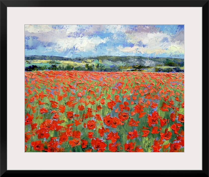 A contemporary plein air landscape painting of a meadow of poppies on a sunny day.