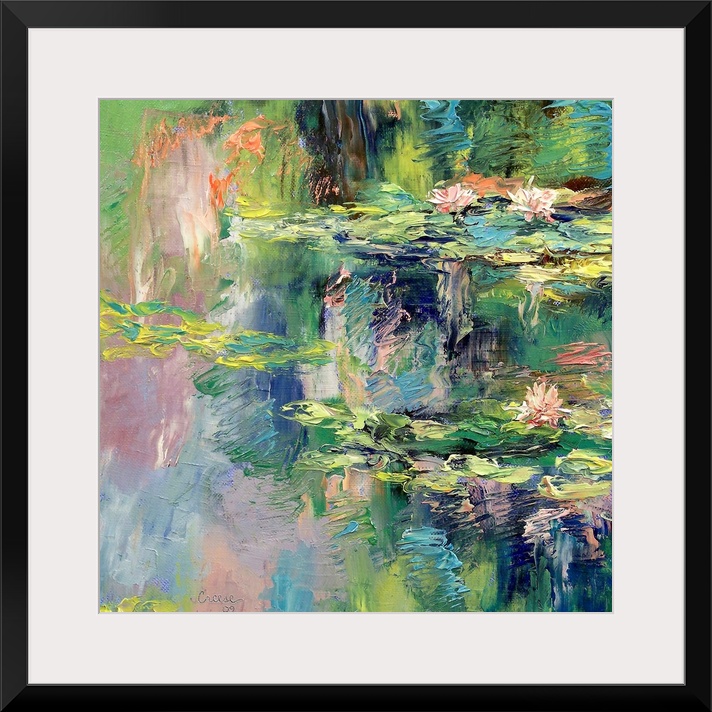 Large, square, fine art painting  with heavy brush strokes, of water lilies spread out across calm waters.