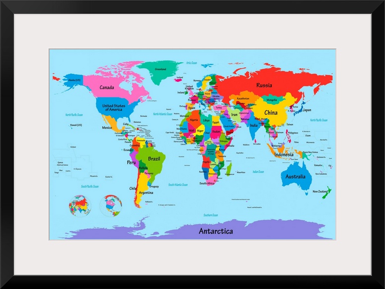 Big illustration focuses on a map of the world.  To separate the clearly labeled countries, the artist assigns a different...