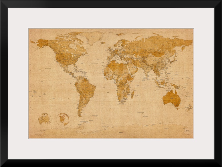 Giant map of the world set in an antique style.  This piece includes a number of cities within each country and also has c...