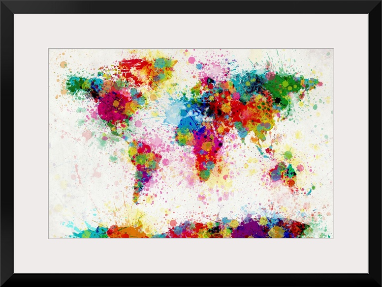 Giant contemporary piece of colorful art that shows a world map composed of a number of paint drops and splashes.