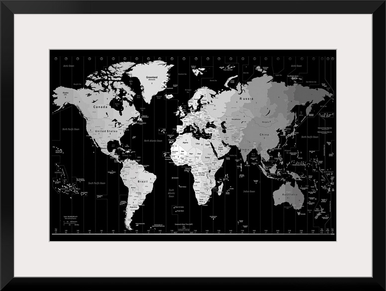 A monochromatic political map of six continents where each time zone is depicted in a different shade.